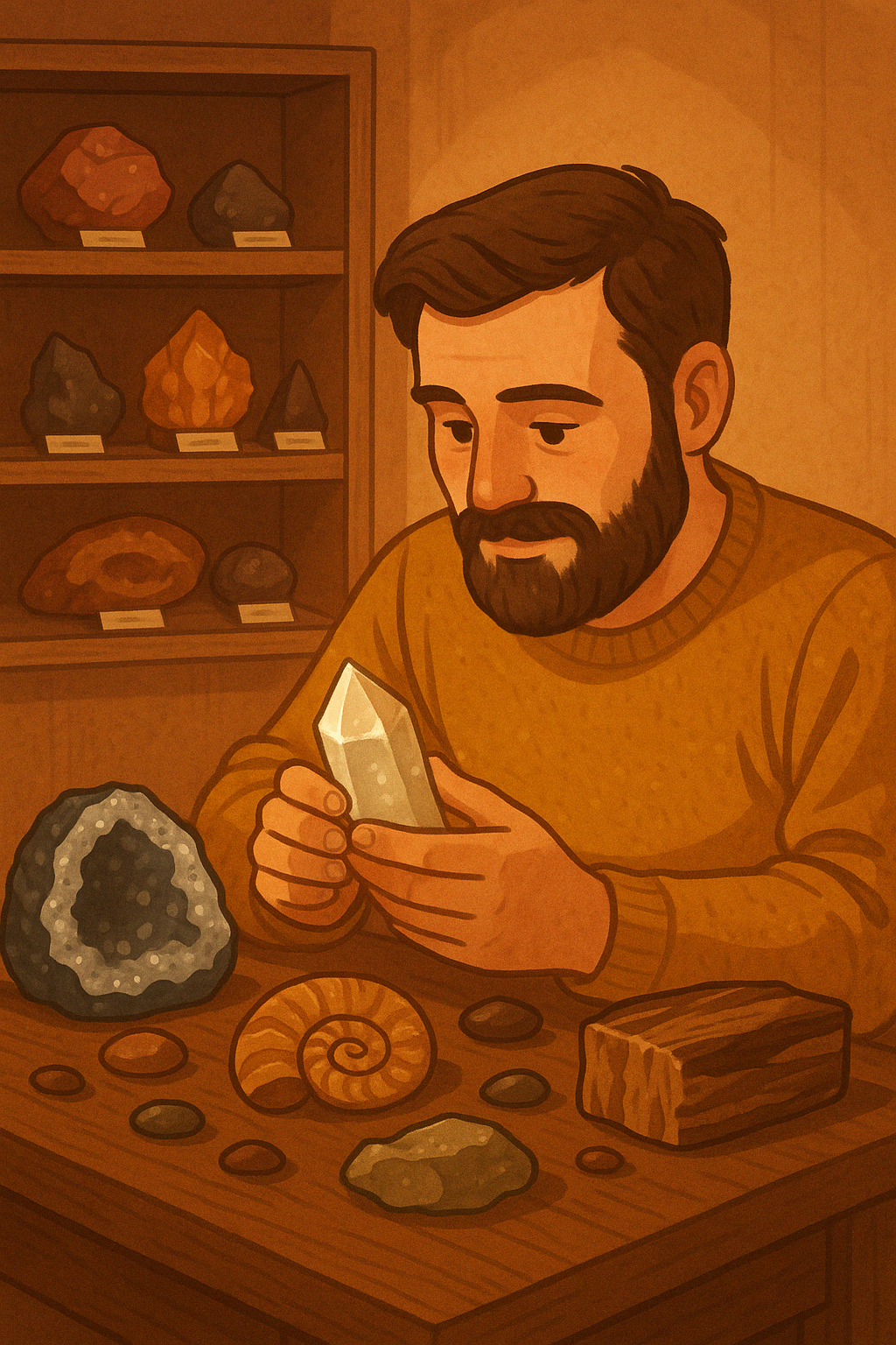 Colección de minerales y rocas sobre mesa de madera